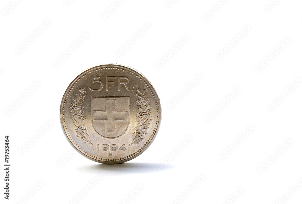 Single five Swiss franc coin isolated on white background Single five Swiss franc coin isolated on white background