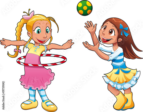 Two girls are playing. Funny cartoon and vector characters