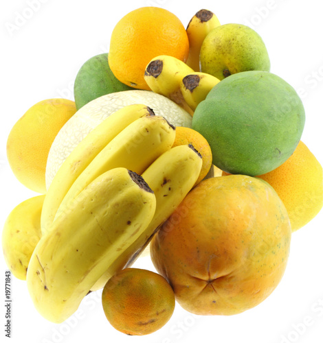 fruits, banane, melon, mangue, papaye, orange, fond blanc