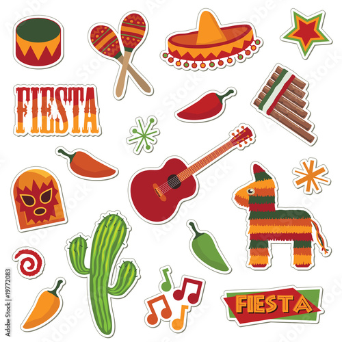Mexican vector clipart stickers sombrero pinata cactus fiesta chili isolated on white