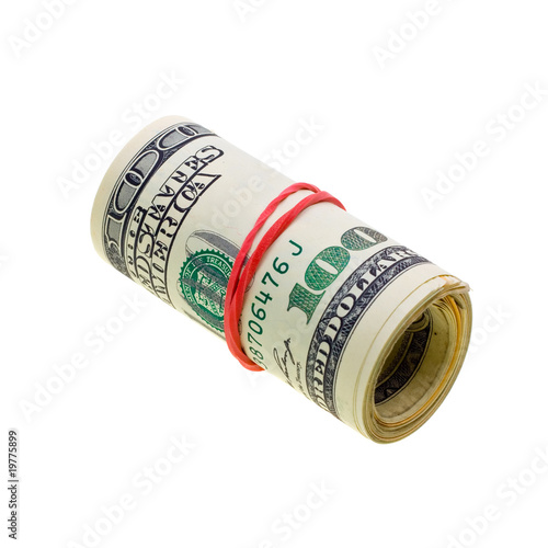 Money roll with US dollars bills isolated on white