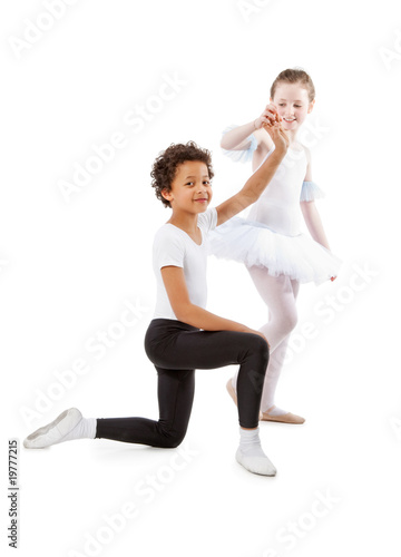 interracial children dancing together, isolated on white backgr