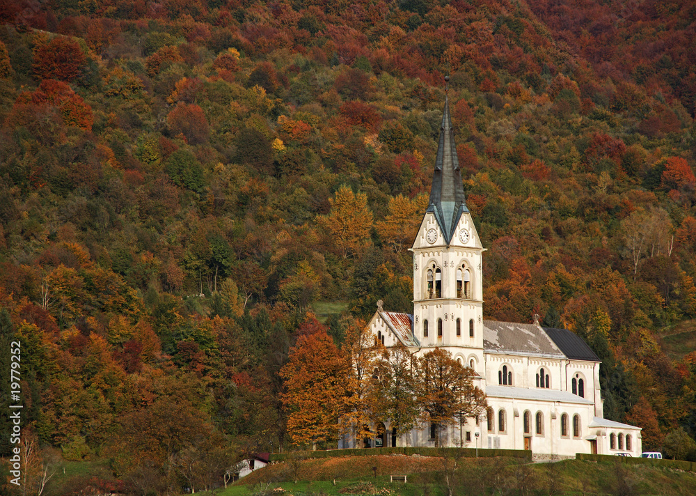 Dreznica church in autumn..in Slovenia