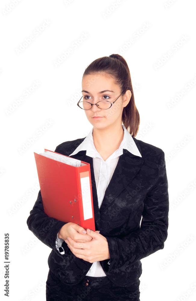 business woman in glasses holds office folder isolated on white business woman in glasses holds office folder isolated on white