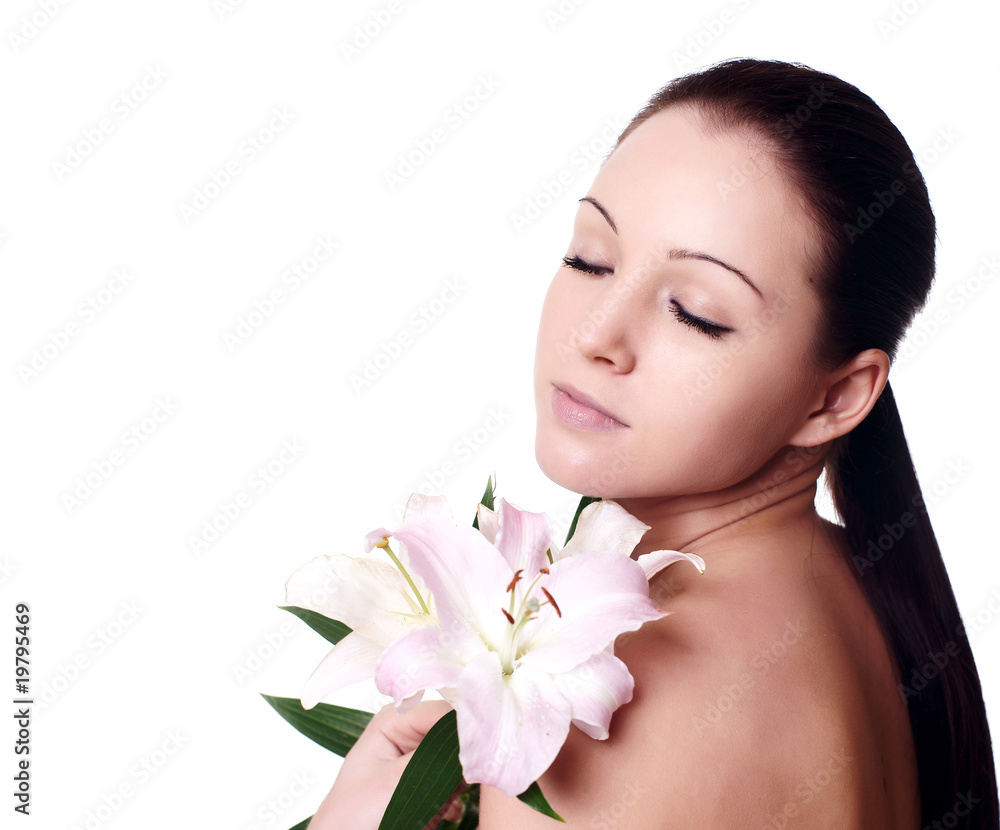 Portrait of Fresh and Beautiful woman with flower isolated on wh Portrait of Fresh and Beautiful woman with flower isolated on wh