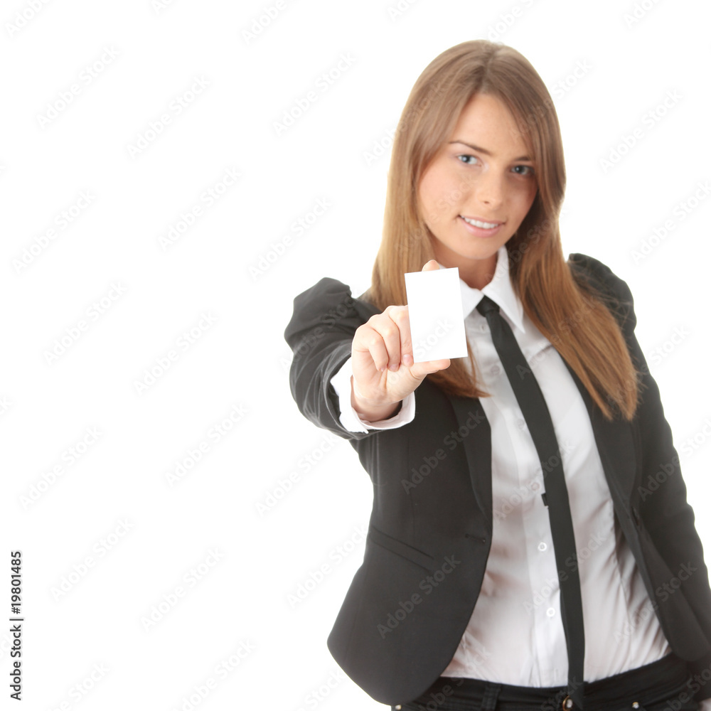 Beautiful young business woman with blank business card Beautiful young business woman with blank business card