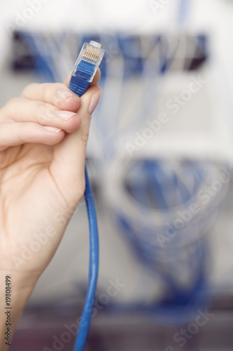 Fototapeta Naklejka Na Ścianę i Meble -  Female Hand Holding Electronic Cable