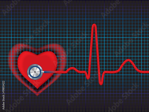 Heart symbol and stethoscope with normal ECG line