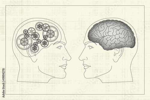 Two opposite profiles with brain and gears inside heads