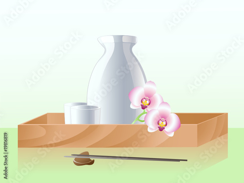 Japanese  sake set with two cups and bottle