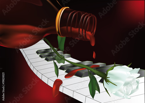 whiskey a grand piano and a white rose