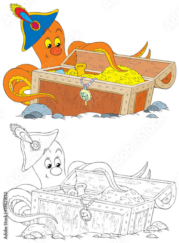 Fototapeta Naklejka Na Ścianę i Meble -  Octopus and treasures (bw and color illustrations)