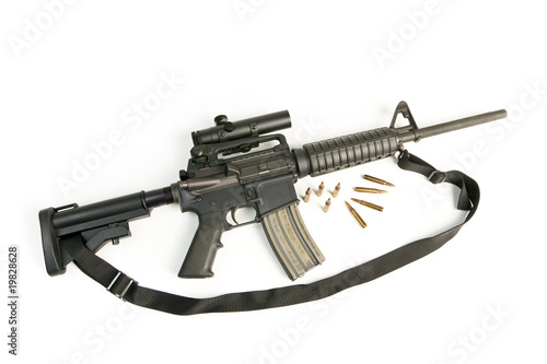 M16 Style Assault Rifle with Scope & Bullets on White