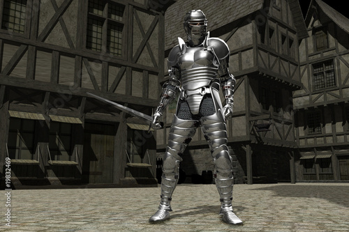 Canvas Print Knight in Medieval City Street
