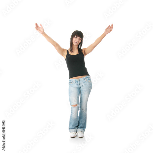 Young woman hands up