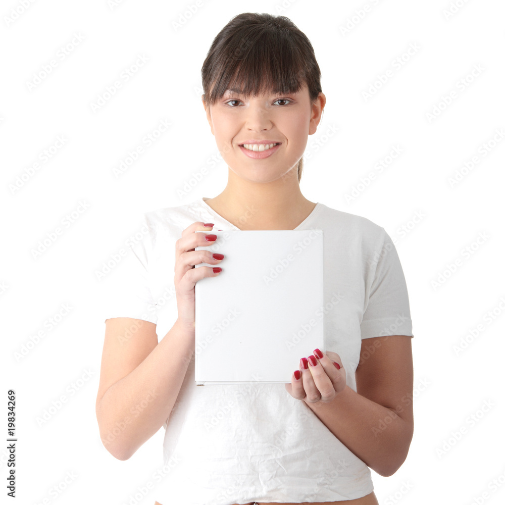 Casual girl holding clear box Casual girl holding clear box