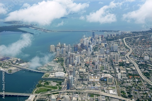 Miami city Downtown aerial view  blue sea