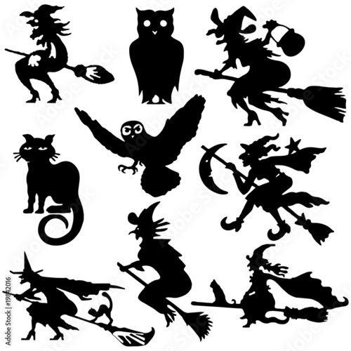 Silhouettes of witch flying on broom vector illustration cartoon