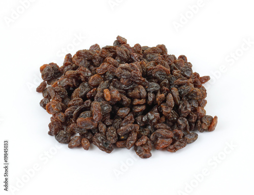 A serving of raisins against a white background