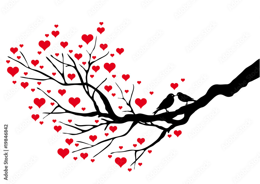 birds kissing on a heart tree, vector background