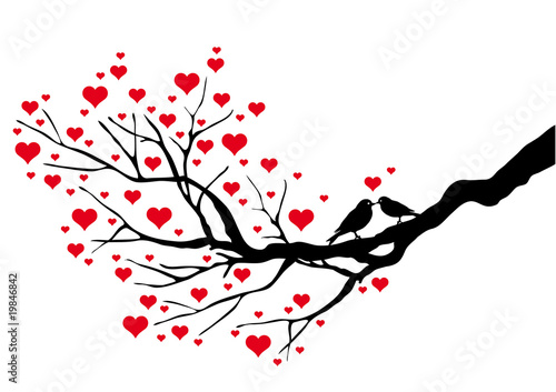 birds kissing on a heart tree, vector background