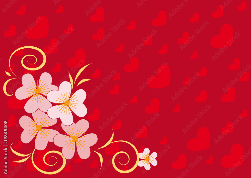 red background with hearts and spring flowers red background with hearts and spring flowers