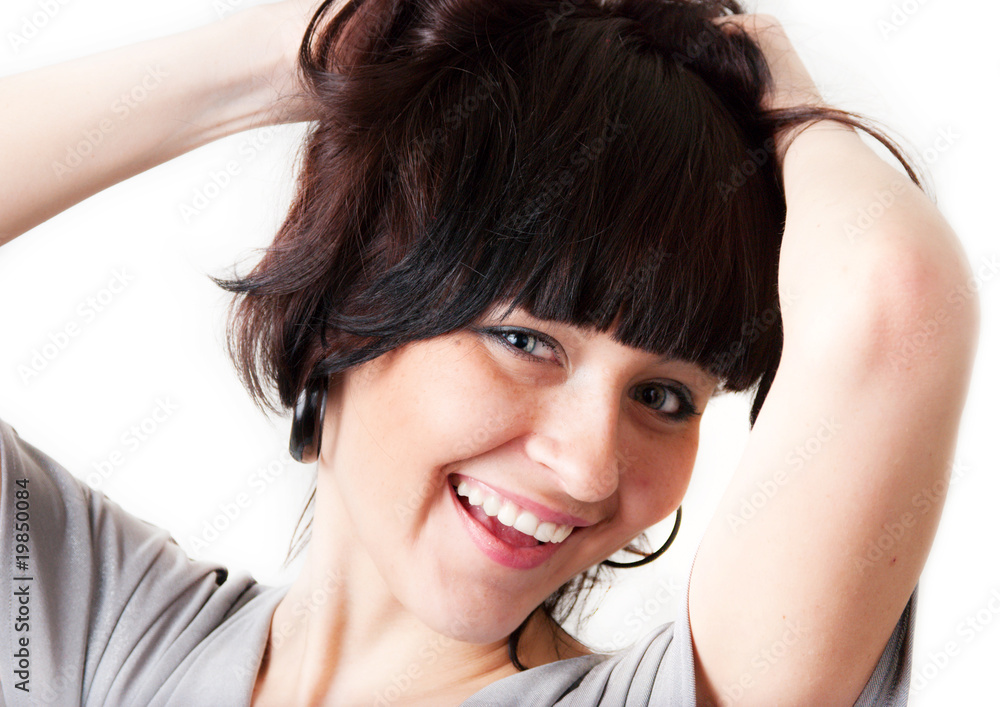 beautiful woman shakes her hair, isolated on white