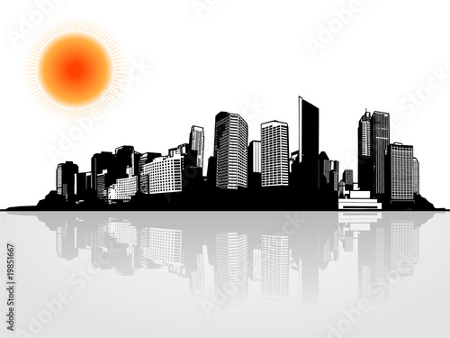 Panorama of city with sun. Vector