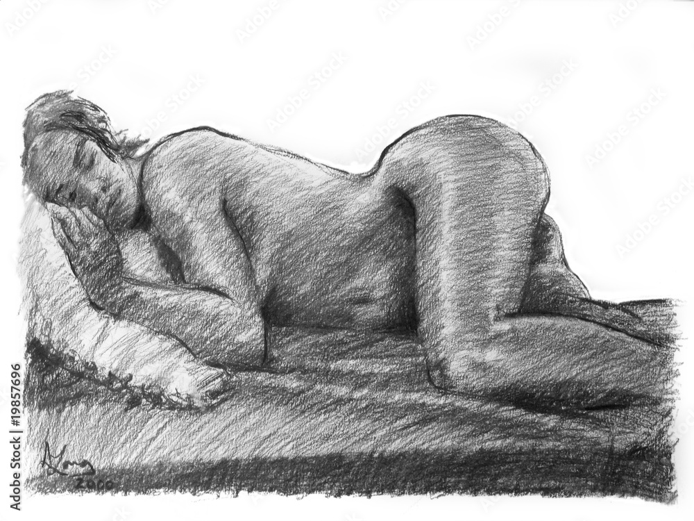 Black Girl Sleeping Nude - Charcoal drawing art of sleeping nude female Stock Photo | Adobe Stock