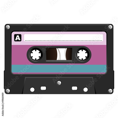 Audio cassette with colorful tag over white