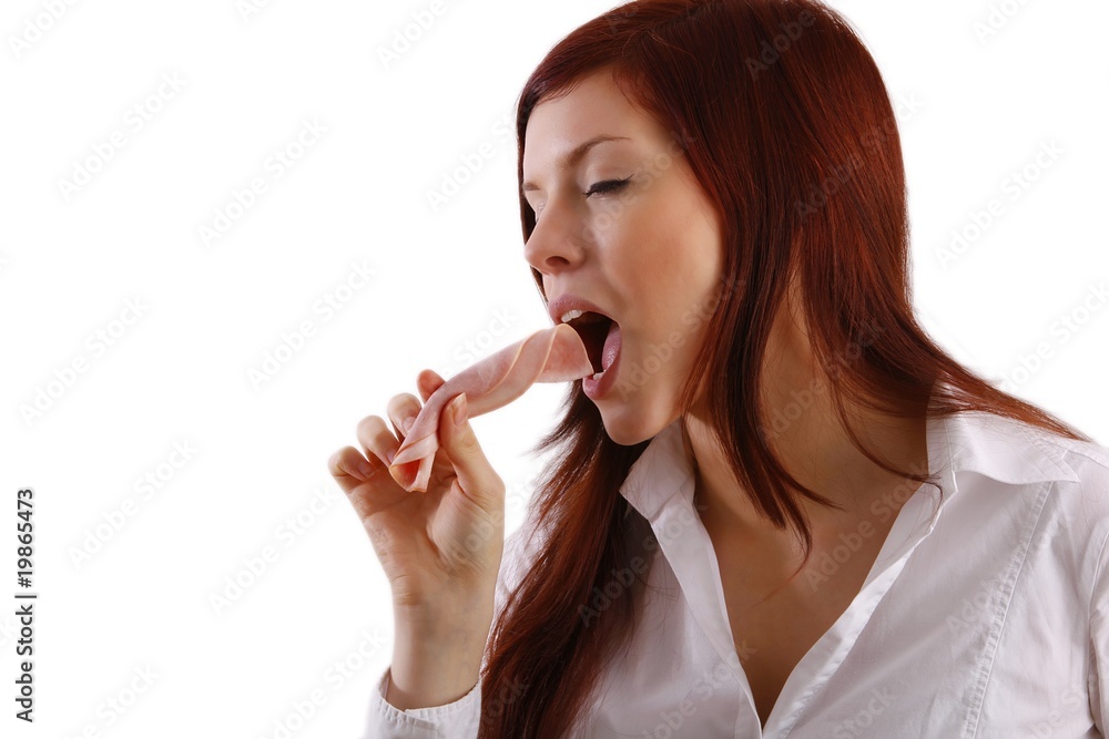 young woman with a slice of ham
