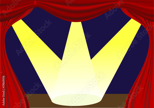 stage with open red curtain and lights - vector