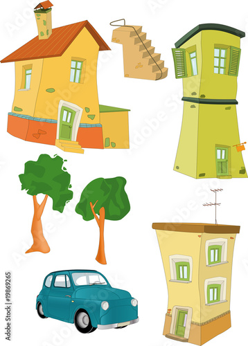 Set small houses trees the car and a ladder