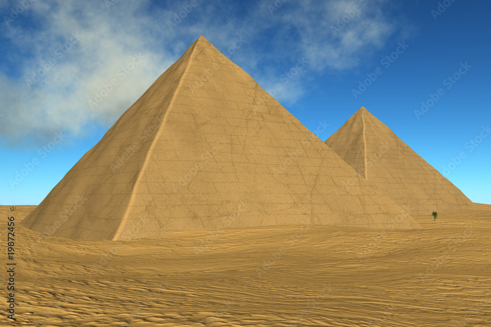 Two pyramids in desert on background blue sky Two pyramids in desert on background blue sky