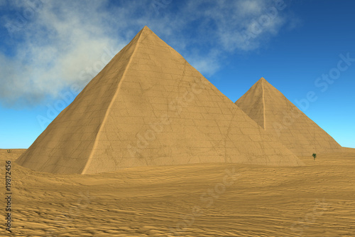 Two pyramids in desert on background blue sky