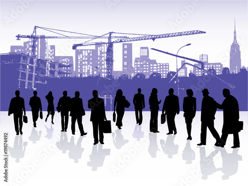 Illustration of people and buildings