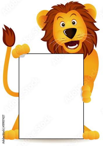 Fototapeta Naklejka Na Ścianę i Meble -  A cartoon lion holding a banner