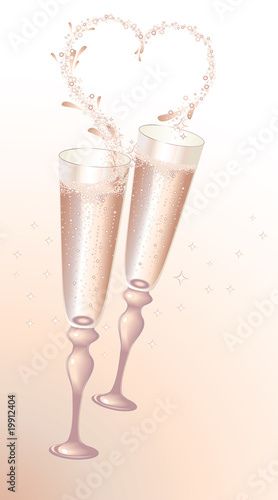 Romantic holiday card with champagne flutes and heart