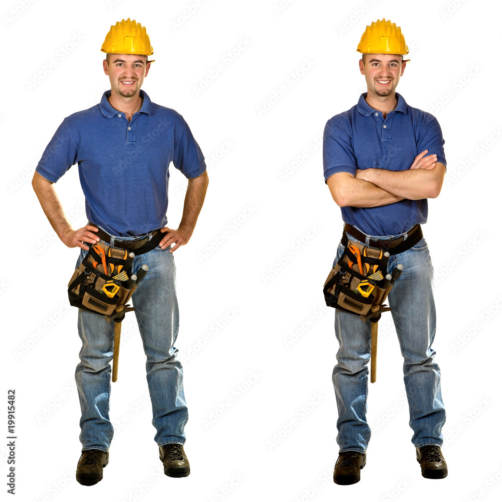 Isolated standing young worker on white background. Double Isolated standing young worker on white background. Double