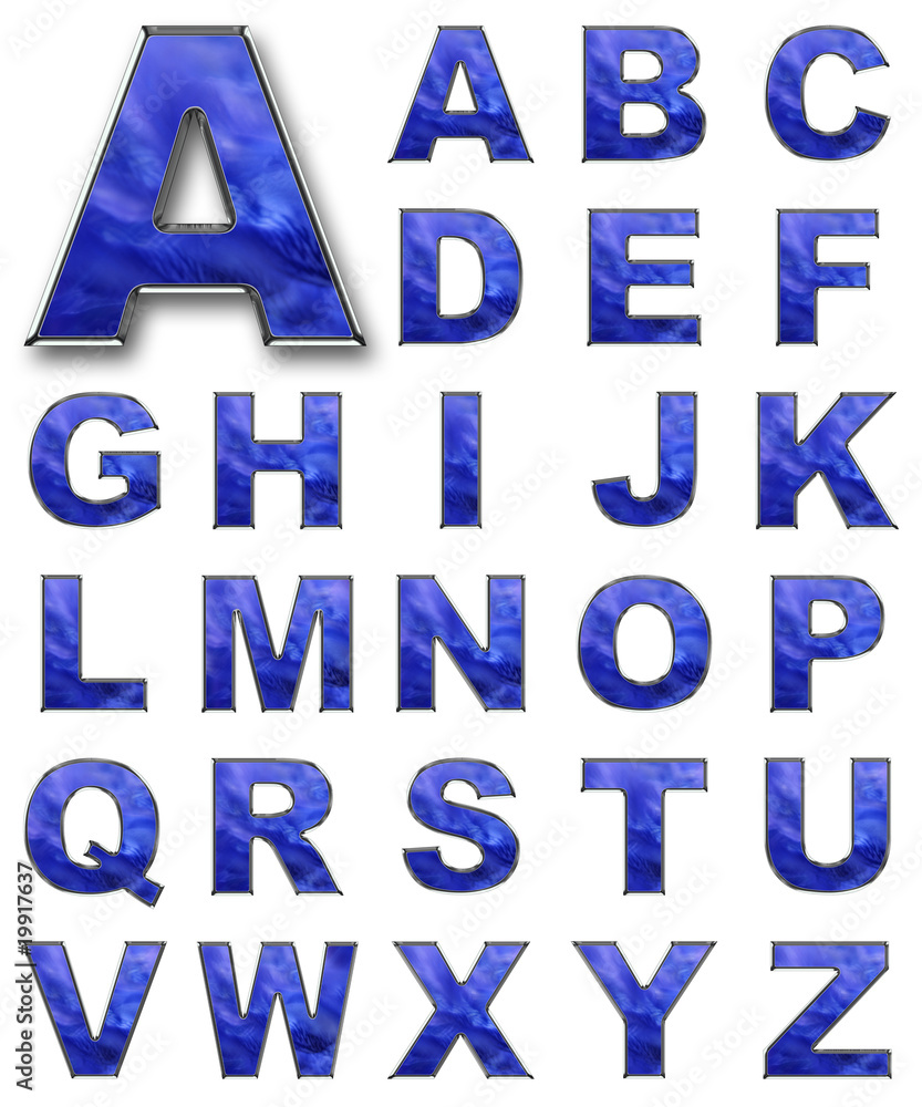 SET, alphabetical letters blue color, metal outline