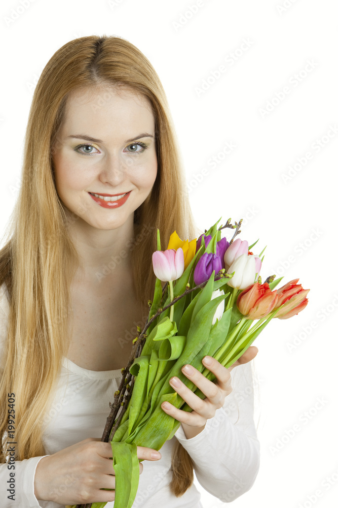 portrait of young woman with tulips portrait of young woman with tulips