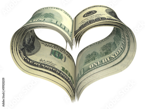 valentine heart shape made by dollars isolated