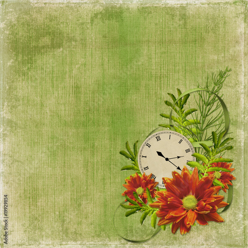 White frame with flowers and clock on the abstract background