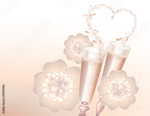 Romantic holiday card with champagne flutes and heart