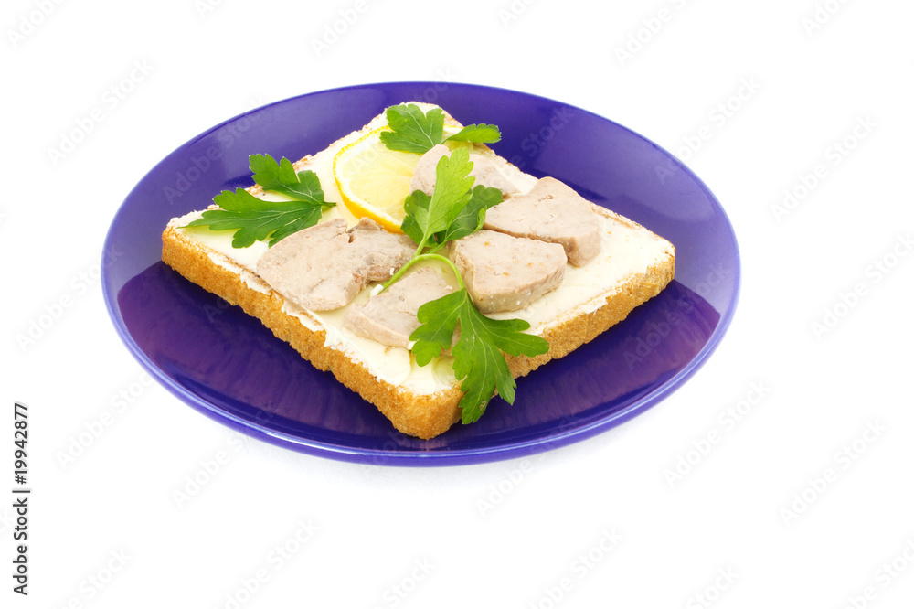 sandwich toast, cod liver, slices of lemon isolated on white sandwich toast, cod liver, slices of lemon isolated on white
