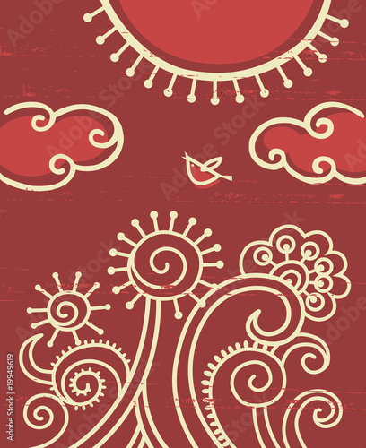 Background with cartoon landscape, flowers and bird