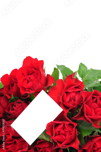 Bunch of red roses an greeting card