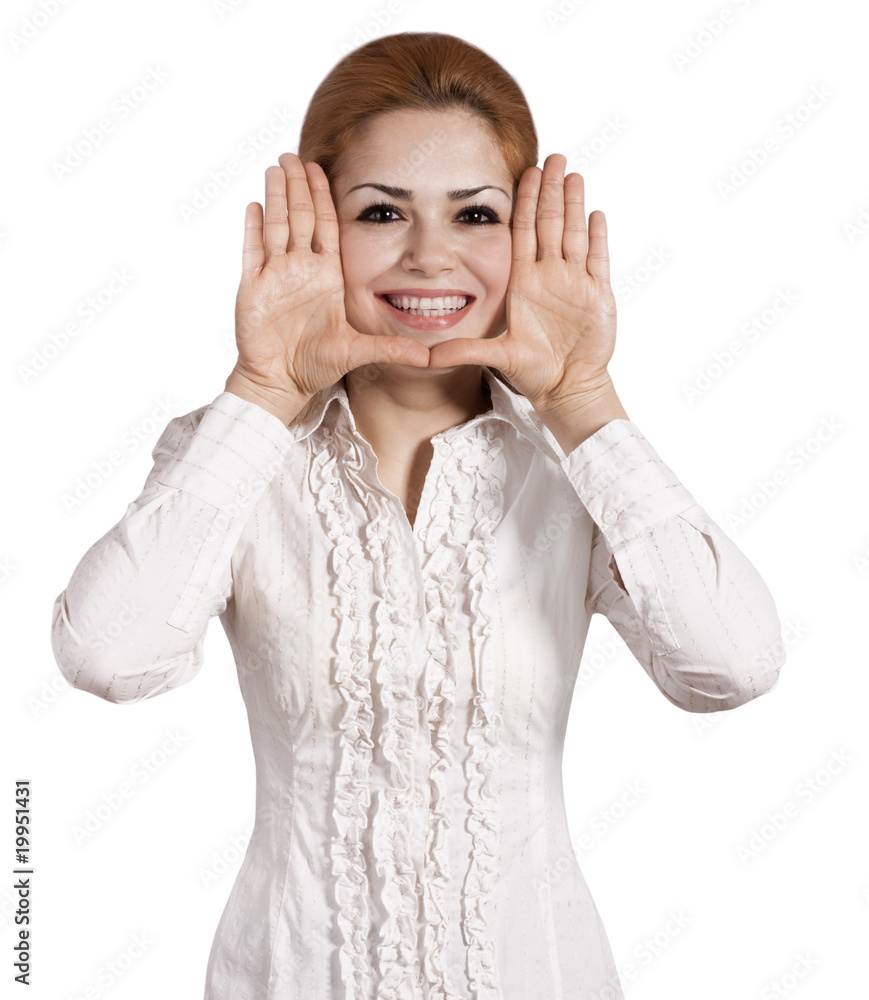 young attractive woman framing her hands, over white young attractive woman framing her hands, over white