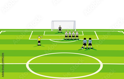Soccer field with players preparing for penalty.
