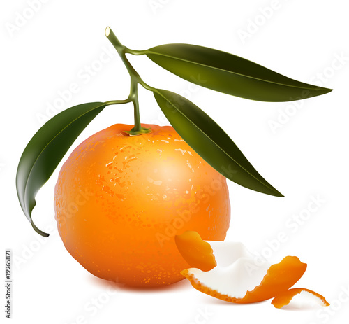 Fresh tangerine with green leaves and tangerine peel..